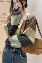 V-Neck Drawstring Striped Knitted Sweater